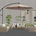 Outdoor Rattan Sofa Set With Cantilever Parasol Potted Plants And Wooden Coffee Table