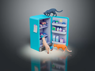 Cartoon Scene With Blue Refrigerator Open Door Three Cats Around Items Inside And Sticky Note 3d model