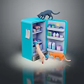 Cartoon Scene With Blue Refrigerator Open Door Three Cats Around Items Inside And Sticky Note