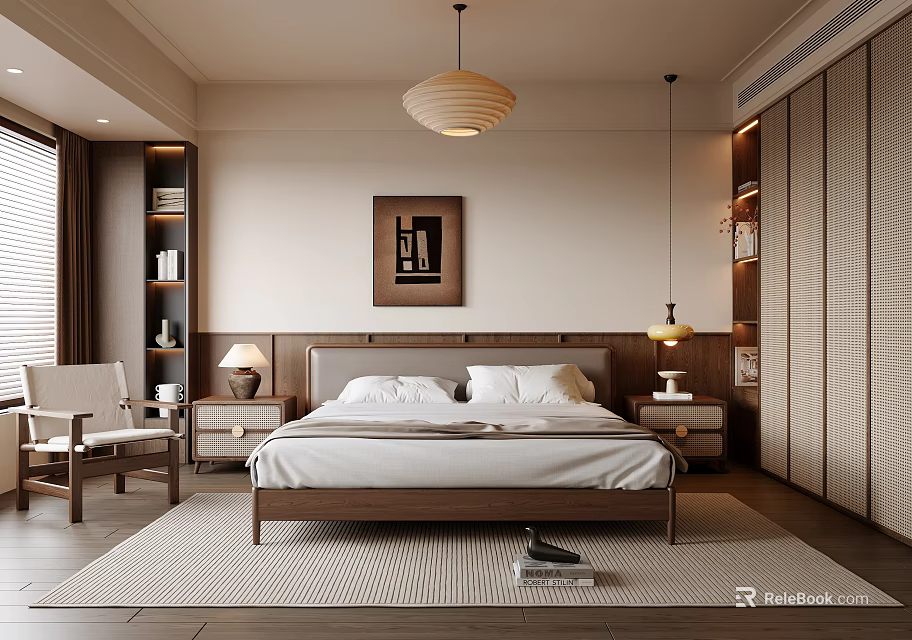 Modern Minimalist Bedroom with Wooden Bed Nightstands Table Lamps Pendant Light and Wall Art 3d model 