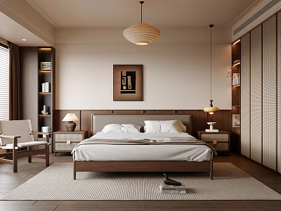 Modern Minimalist Bedroom with Wooden Bed Nightstands Table Lamps Pendant Light and Wall Art 3d model