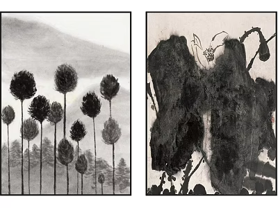 Traditional Chinese Ink Wash Plant Paintings With Reeds and Lotus Flowers in Black and White 3d model