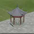 Traditional Chinese Pavilion With Curved Tile Roof Red Pillars And Green Lawn Surroundings