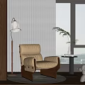 Comfortable Beige Leather Accent Chair With Wooden Frame Floor Lamp And Side Table