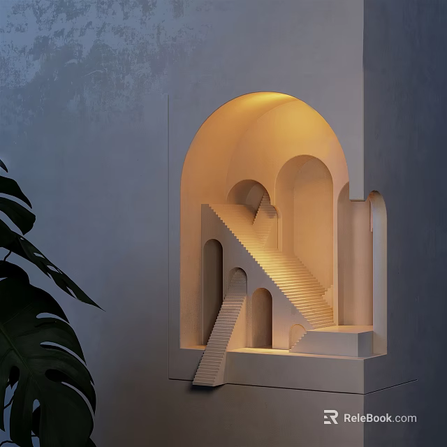 Modern Wall Lamp With Arch And Staircase Design For Interior Decor With Green Plant Leaf 3d model 