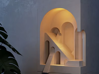 Modern Wall Lamp With Arch And Staircase Design For Interior Decor With Green Plant Leaf 3d model