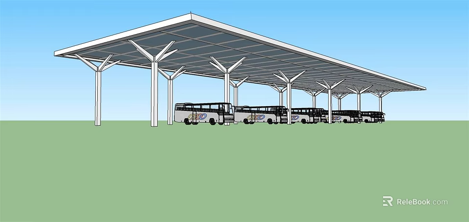 Covered Bus Parking Lot with Multiple Buses Under Shelter Structure 3d model 