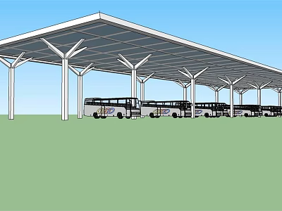 Covered Bus Parking Lot with Multiple Buses Under Shelter Structure 3d model