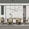 Modern Restaurant Interior With Dining Table Chairs Pendant Lights Wall Panel And Plant 3d model