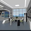 Modern Tech Public Office Space With Display Screens Tables Chairs Cabinets And LED Lights