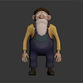 3D Cartoon Old Man Character With Brown Hat White Beard Yellow Shirt And Blue Overalls