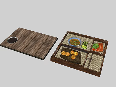 Fresh Vegetables Placed in Wooden Divided Tray on Kitchen Serving Table 3d model