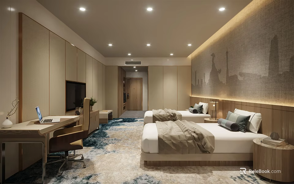 Modern Hotel Guest Room With Twin Beds Desk Chair TV Textured Wall And Patterned Carpet 3d model 