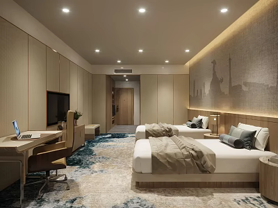 Modern Hotel Guest Room With Twin Beds Desk Chair TV Textured Wall And Patterned Carpet 3d model
