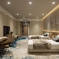 Modern Hotel Guest Room With Twin Beds Desk Chair TV Textured Wall And Patterned Carpet