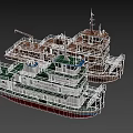 Two Story White Ship With Green Roof Red Bottom And Deck Details