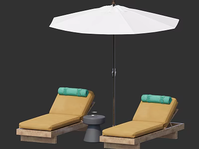 Yellow Cushioned Lounge Chairs With Green Headrests White Umbrella And Small Table 3d model