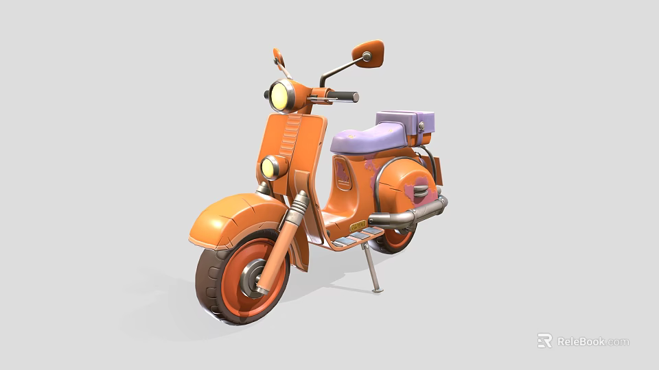 Stylish Orange Scooter with Purple Seat Front Headlight and Rearview Mirrors 3d model 