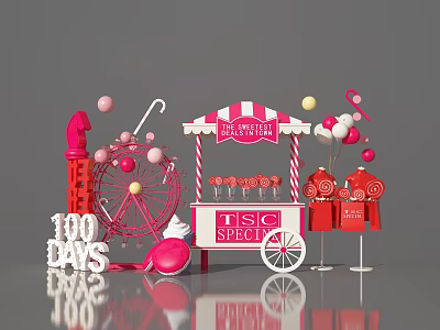 100 Days TISIC Sweet Photo Check-in Spot With Pink Ferris Wheel Candy Cart And Balloons 3d model