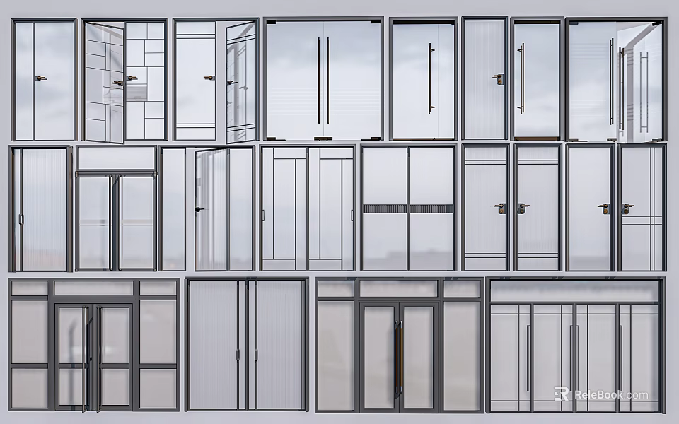 Various Modern Window And Door Designs With Glass Panels And Frames 3d model