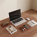Organized Workspace On Wooden Desk With Laptop Mouse Open Book Calculator And Stationery