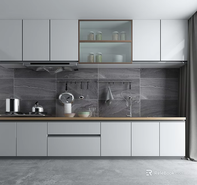 Modern Kitchen Interior With White Cabinets Gray Tile Backsplash And Wooden Countertop 3d model 