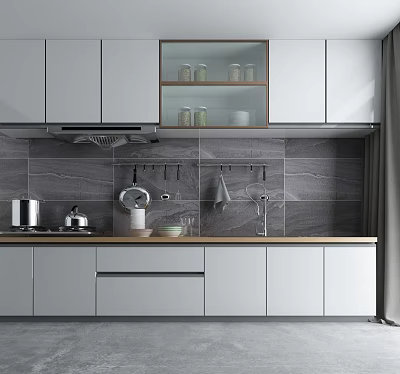 Modern Kitchen Interior With White Cabinets Gray Tile Backsplash And Wooden Countertop 3d model