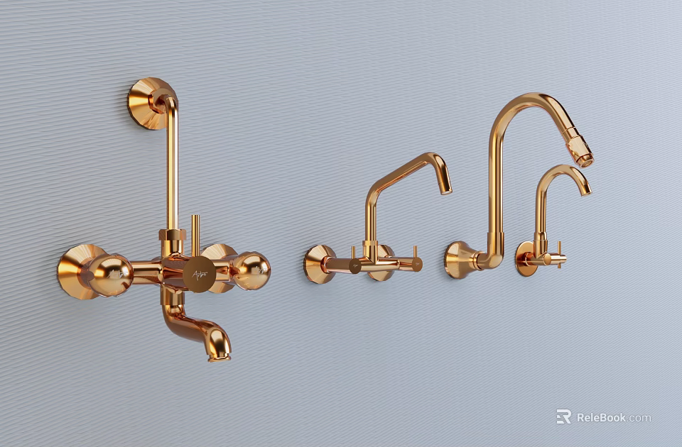 Three Golden Faucets Mounted On Light Gray Wall Background 3d model