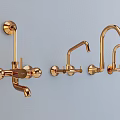 Three Golden Faucets Mounted On Light Gray Wall Background 3d model