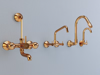 Three Golden Faucets Mounted On Light Gray Wall Background 3d model