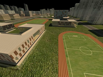 Modern School Building Complex With Football Field Running Track And Green Grass Campus 3d model