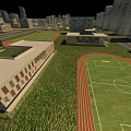 Modern School Building Complex With Football Field Running Track And Green Grass Campus