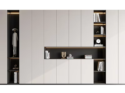 Modern Integrated Bookcase Interior Design With Light Colored Cabinets Open Shelves And Books 3d model