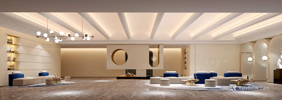 Elegant Modern Beauty Salon Reception Area With Circular Decor And Comfortable Sofas 3d model