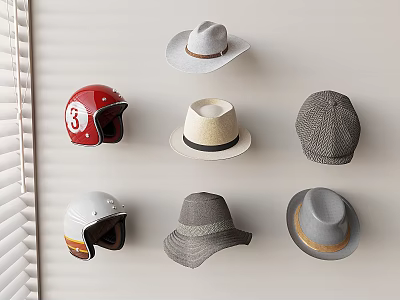 Different Hat Styles Including Cowboy Straw Checkered Knitted and Helmets on Wall 3d model