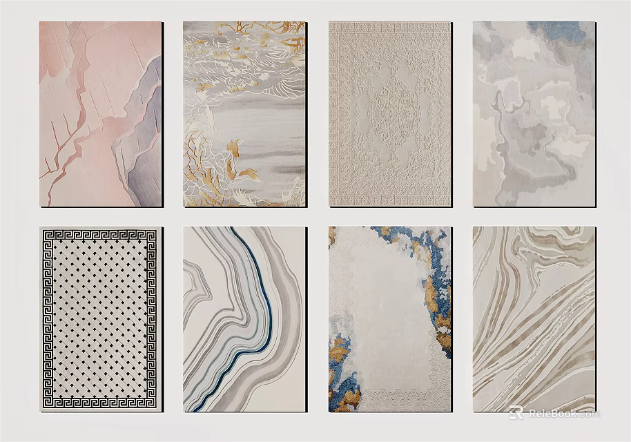 Stylish Square Rugs with Various Patterns Including Marble and Geometric Designs 3d model