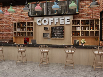 Coffee Shop Reception Desk With Colorful Pendant Lights Brick Wall And Wooden Shelves 3d model