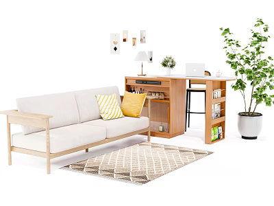 Solid wood desk and chair double sofa 3d model