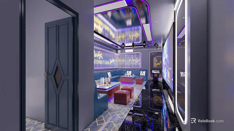 Modern KTV Interior With Colorful Lighting Comfortable Sofas And Large Screens Decor 3d model