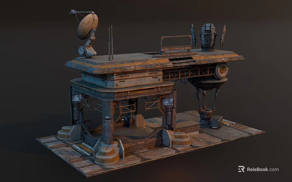 Futuristic Architecture Structure With Satellite Dish Mechanical Platform And Metal Pillars 3d model 