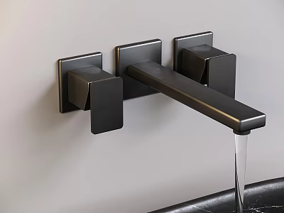 Modern Matte Black Wall Mounted Faucet With Square Handles And Flowing Water 3d model