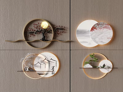 New Chinese style porch decorative painting with light background wall mural new Chinese style wall decoration pendant 3d model
