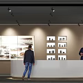 Modern Exhibition Hall Interior With White Reception Desk Display Shelves And Spotlights