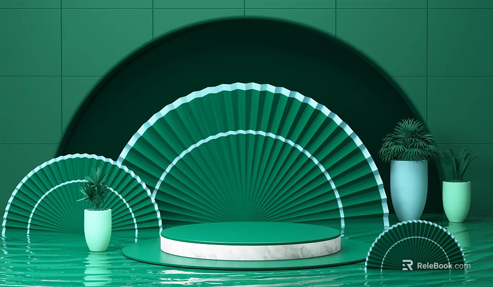 Green Themed Circular Display Platform With Fan Shaped Decorations White Vase And Green Plants 3d model 