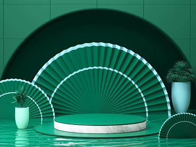 Green Themed Circular Display Platform With Fan Shaped Decorations White Vase And Green Plants 3d model
