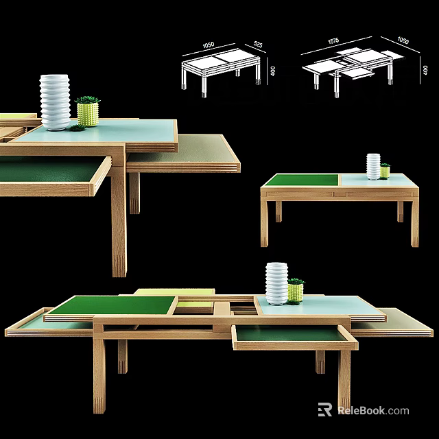 Modern Wooden Desk Design Featuring Adjustable Green Top And Expandable Sections 3d model