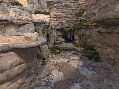 Natural Cave Interior With Rock Formations Stone Walls Moss And Pathway 3d model