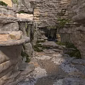 Natural Cave Interior With Rock Formations Stone Walls Moss And Pathway