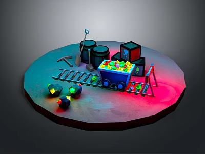 Detailed Miniature Scene With Mine Cart On Tracks Barrels Tools And Colorful Items 3d model