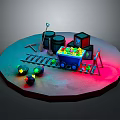 Detailed Miniature Scene With Mine Cart On Tracks Barrels Tools And Colorful Items